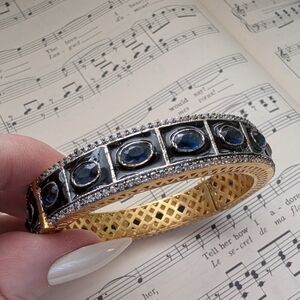 Gold-Tone Blue Sapphire Halo Bangle Bracelet